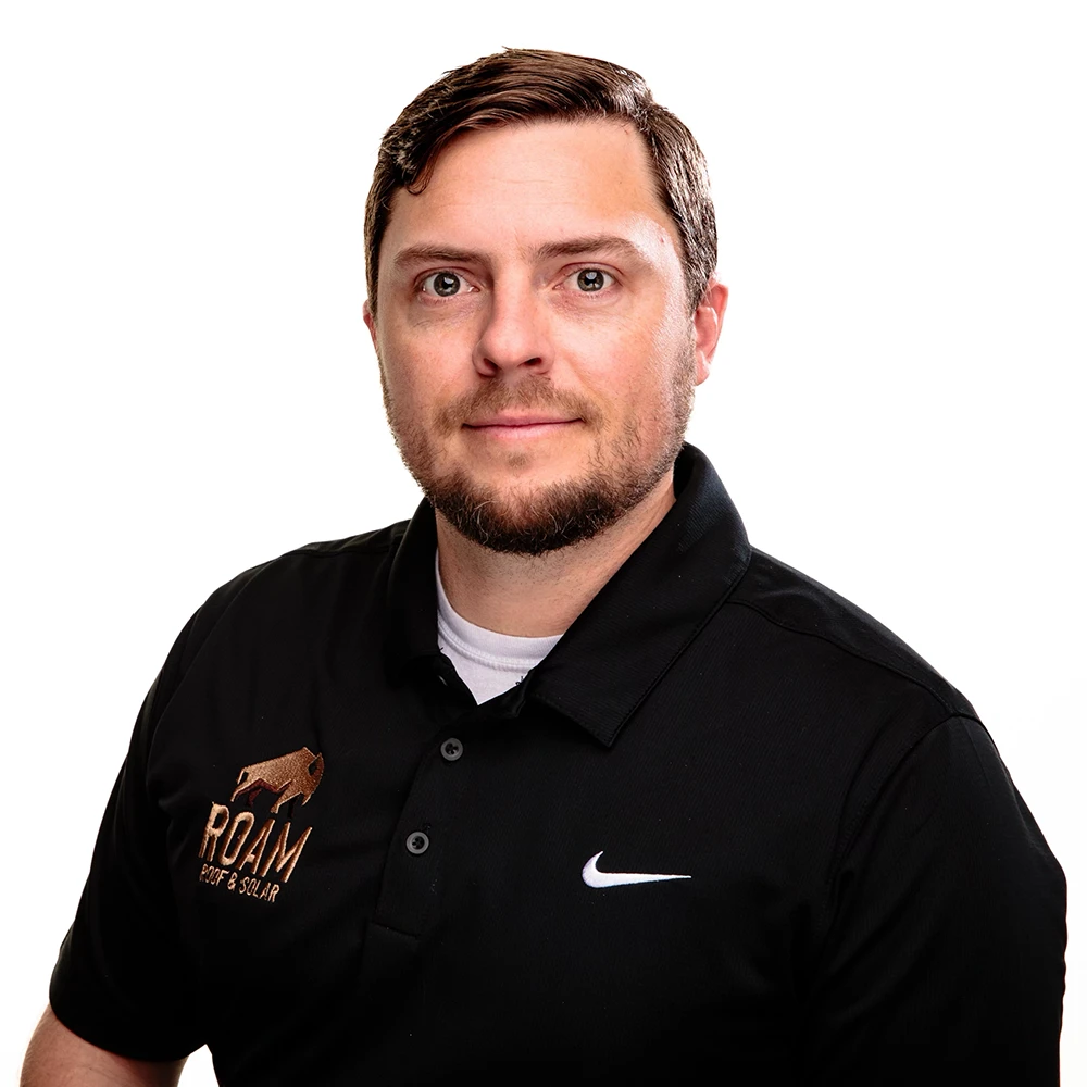 Headshot of Matt Critchfield - Roofing Specialist from Roam Roof & Solar in Belton TX. He's wearing a black shirt with the Roam Roof and Solar logo on it.